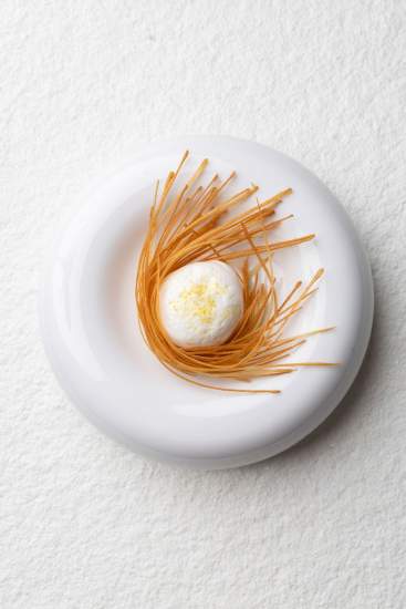 Dessert dressé en assiette blanche avec éléments filamenteux et crème